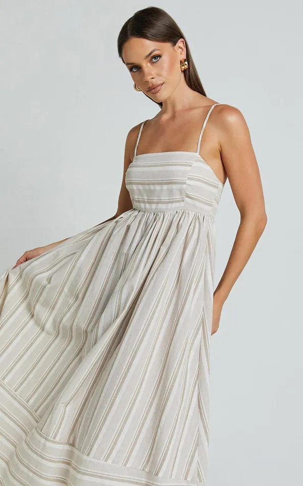 Showpo Katheryn Midi Dress 8211 Strappy Straight Neck A Line Gathered Dress In Beige And Natural Stripe Women Dresses