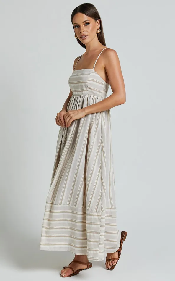 Showpo Katheryn Midi Dress 8211 Strappy Straight Neck A Line Gathered Dress In Beige And Natural Stripe Women Dresses