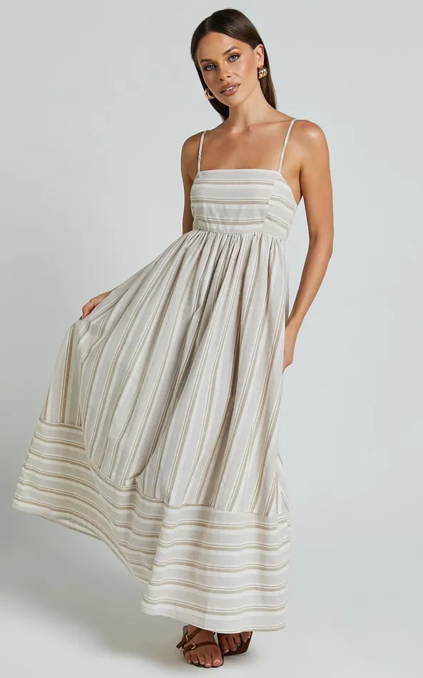 Showpo Katheryn Midi Dress 8211 Strappy Straight Neck A Line Gathered Dress In Beige And Natural Stripe Women Dresses