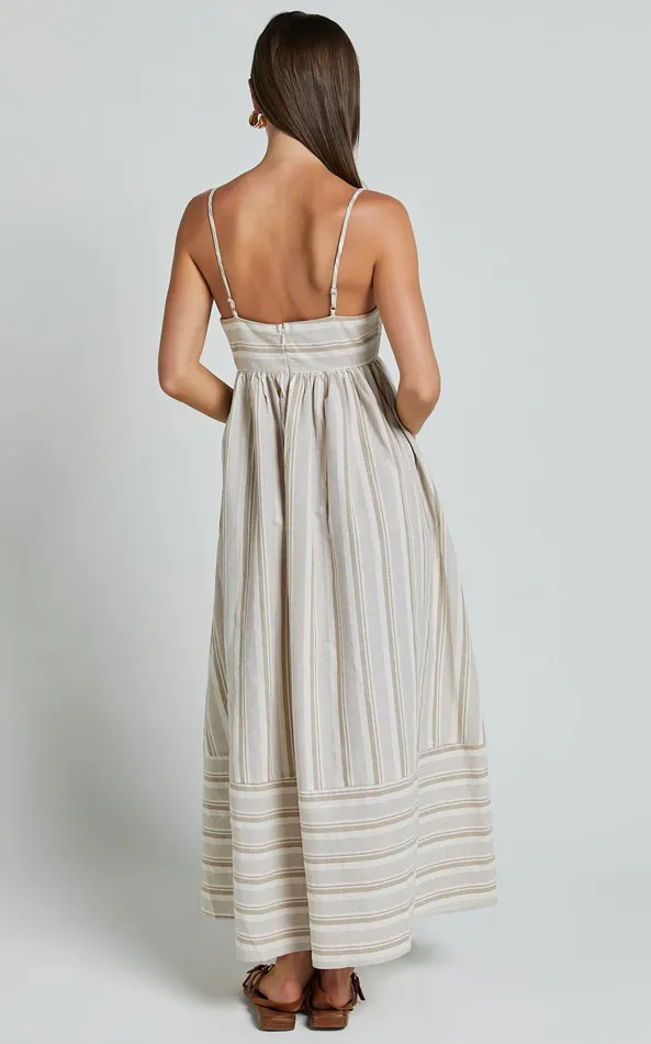 Showpo Katheryn Midi Dress 8211 Strappy Straight Neck A Line Gathered Dress In Beige And Natural Stripe Women Dresses