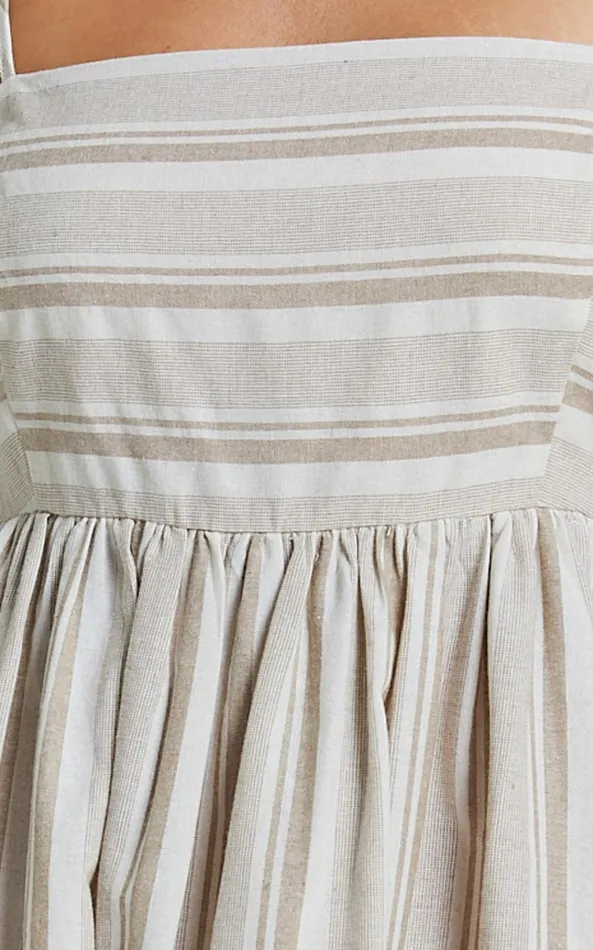 Showpo Katheryn Midi Dress 8211 Strappy Straight Neck A Line Gathered Dress In Beige And Natural Stripe Women Dresses