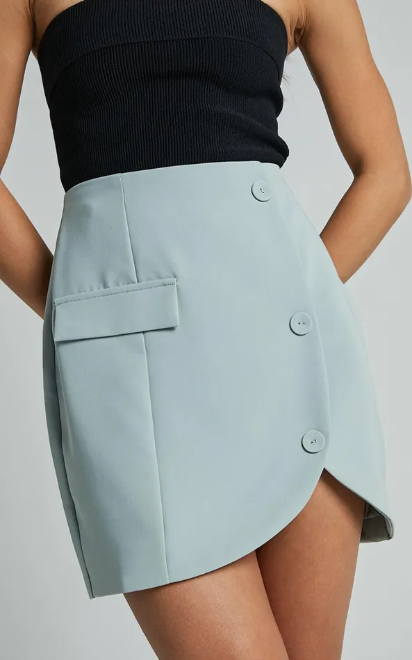Showpo Kathia Mini Skirt 8211 Asymmetric Button Detail Skirt In Sage Women Skirts