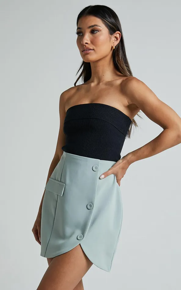 Showpo Kathia Mini Skirt 8211 Asymmetric Button Detail Skirt In Sage Women Skirts