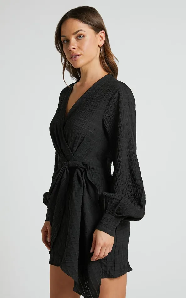 Showpo Kathlina Mini Dress 8211 Bishop Sleeve Plunge Neck Knot Waist Detail Dress In Black Women Dresses