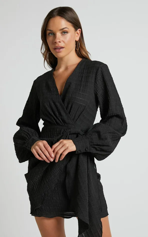 Showpo Kathlina Mini Dress 8211 Bishop Sleeve Plunge Neck Knot Waist Detail Dress In Black Women Dresses