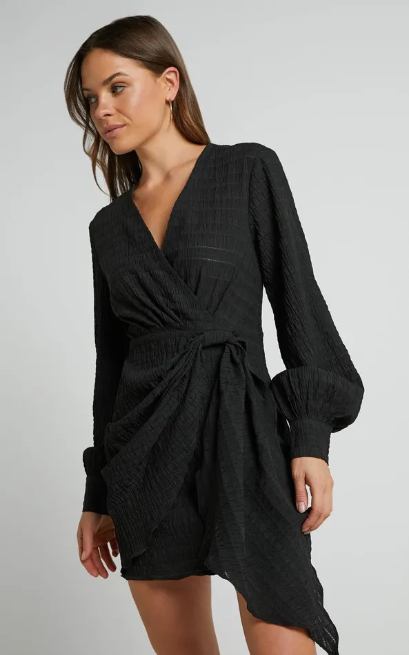 Showpo Kathlina Mini Dress 8211 Bishop Sleeve Plunge Neck Knot Waist Detail Dress In Black Women Dresses
