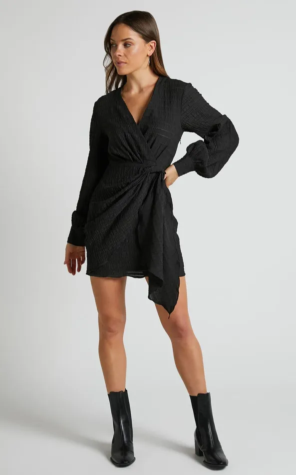Showpo Kathlina Mini Dress 8211 Bishop Sleeve Plunge Neck Knot Waist Detail Dress In Black Women Dresses