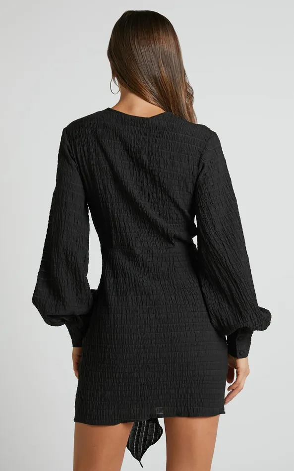 Showpo Kathlina Mini Dress 8211 Bishop Sleeve Plunge Neck Knot Waist Detail Dress In Black Women Dresses