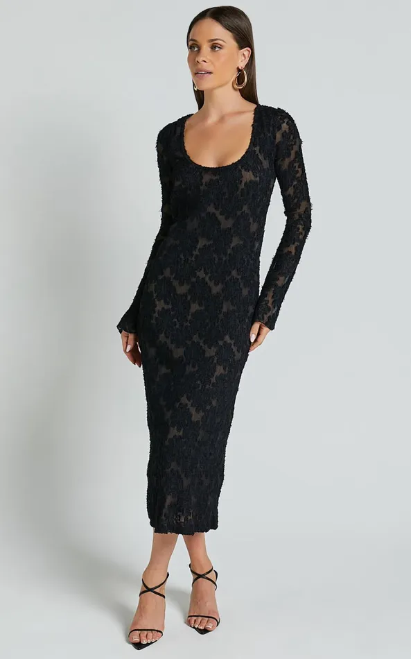 Showpo Kathy Midi Dress 8211 Scoop Neck Long Sleeve Jacquard Textured Dress In Black Women Dresses Showpo Kathy Midi Dress 8211 Scoop Neck Long Sleeve Jacquard Textured Dress In Black Women Dresses