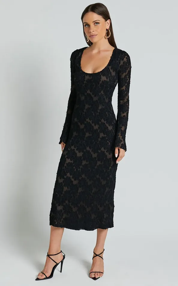 Showpo Kathy Midi Dress 8211 Scoop Neck Long Sleeve Jacquard Textured Dress In Black Women Dresses