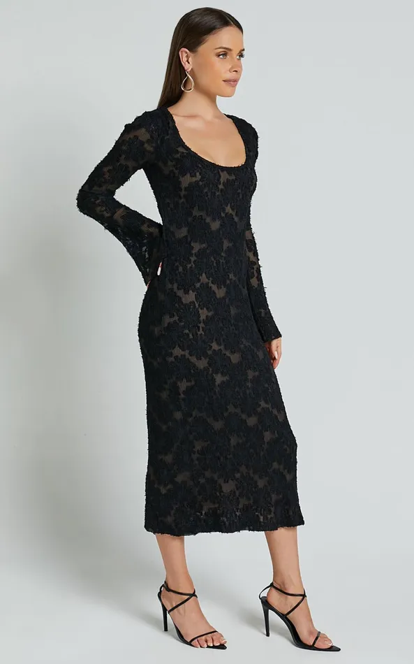 Showpo Kathy Midi Dress 8211 Scoop Neck Long Sleeve Jacquard Textured Dress In Black Women Dresses