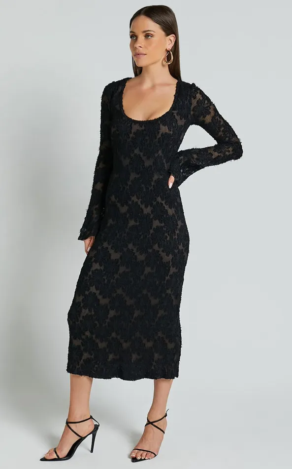 Showpo Kathy Midi Dress 8211 Scoop Neck Long Sleeve Jacquard Textured Dress In Black Women Dresses