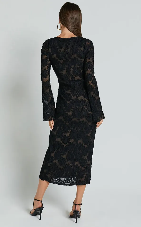 Showpo Kathy Midi Dress 8211 Scoop Neck Long Sleeve Jacquard Textured Dress In Black Women Dresses