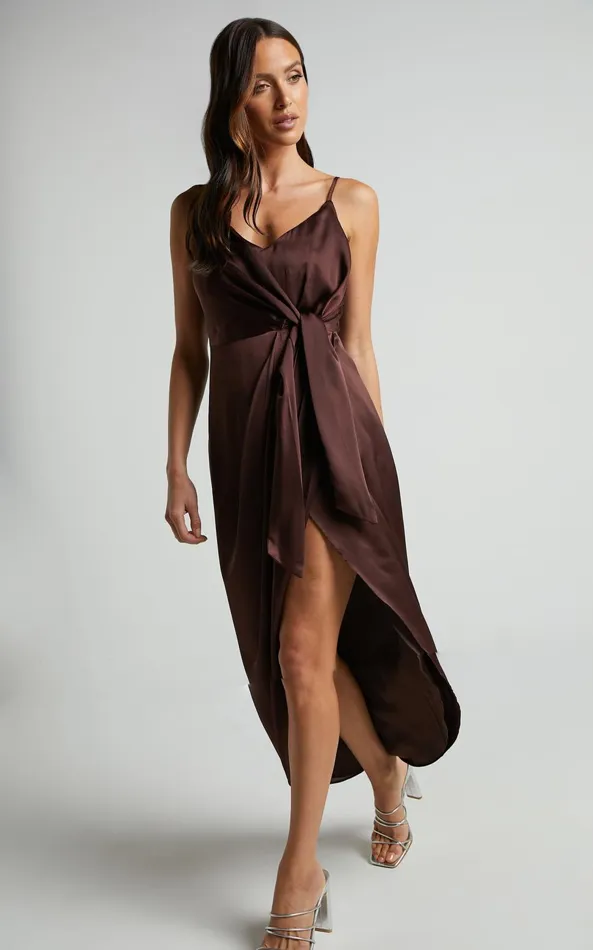 Showpo Katie Midi Dress 8211 V Neck Tie Front Detail Dress In Chocolate Women Dresses