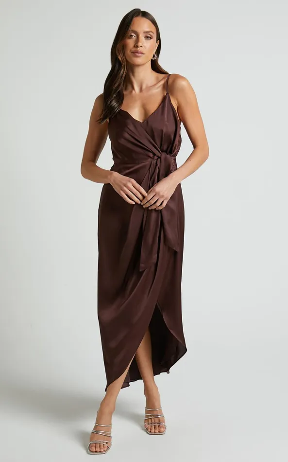 Showpo Katie Midi Dress 8211 V Neck Tie Front Detail Dress In Chocolate Women Dresses