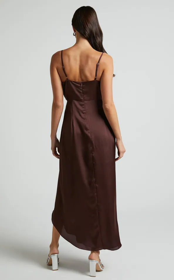 Showpo Katie Midi Dress 8211 V Neck Tie Front Detail Dress In Chocolate Women Dresses