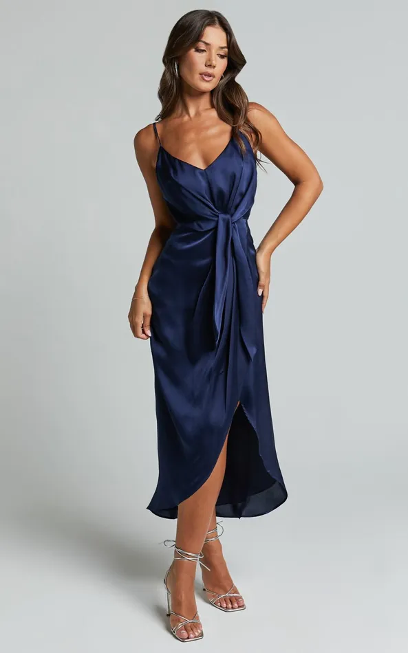 Showpo Katie Midi Dress 8211 V Neck Tie Front Detail Dress In Mid Night Blue Women Dresses