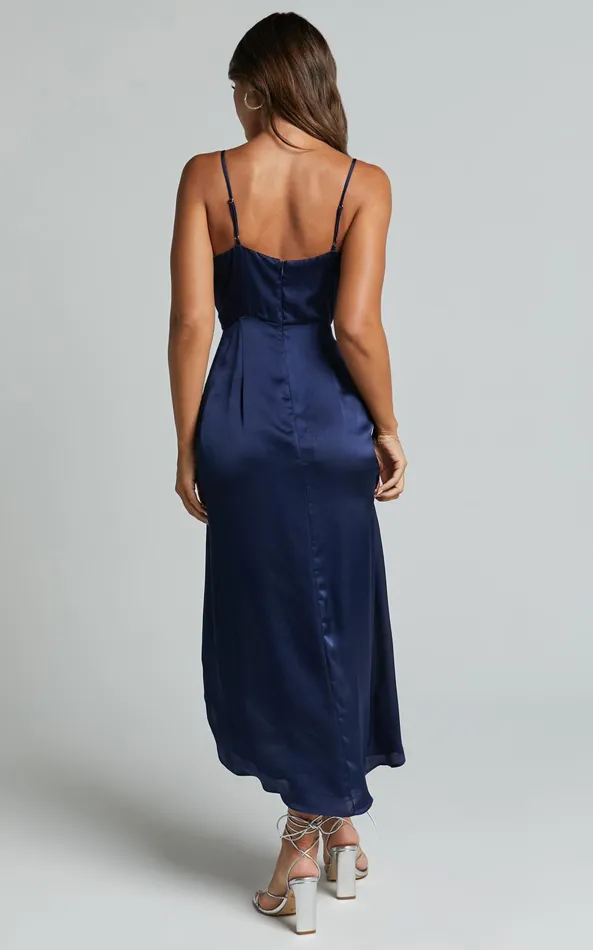 Showpo Katie Midi Dress 8211 V Neck Tie Front Detail Dress In Mid Night Blue Women Dresses
