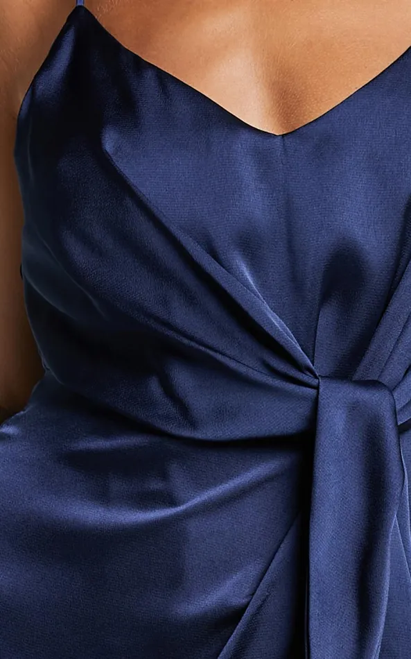 Showpo Katie Midi Dress 8211 V Neck Tie Front Detail Dress In Mid Night Blue Women Dresses