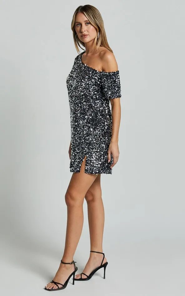 Showpo Katrine Mini Dress 8211 Off Shoulder Shift Sequin Dress In Black Women Dresses