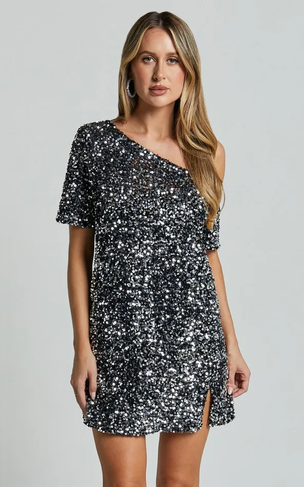 Showpo Katrine Mini Dress 8211 Off Shoulder Shift Sequin Dress In Black Women Dresses