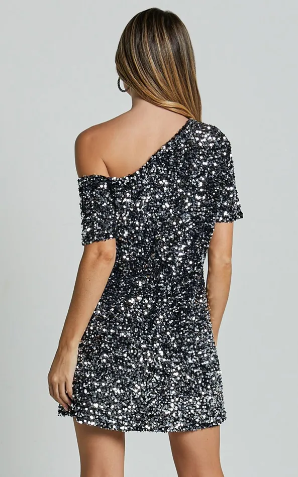 Showpo Katrine Mini Dress 8211 Off Shoulder Shift Sequin Dress In Black Women Dresses