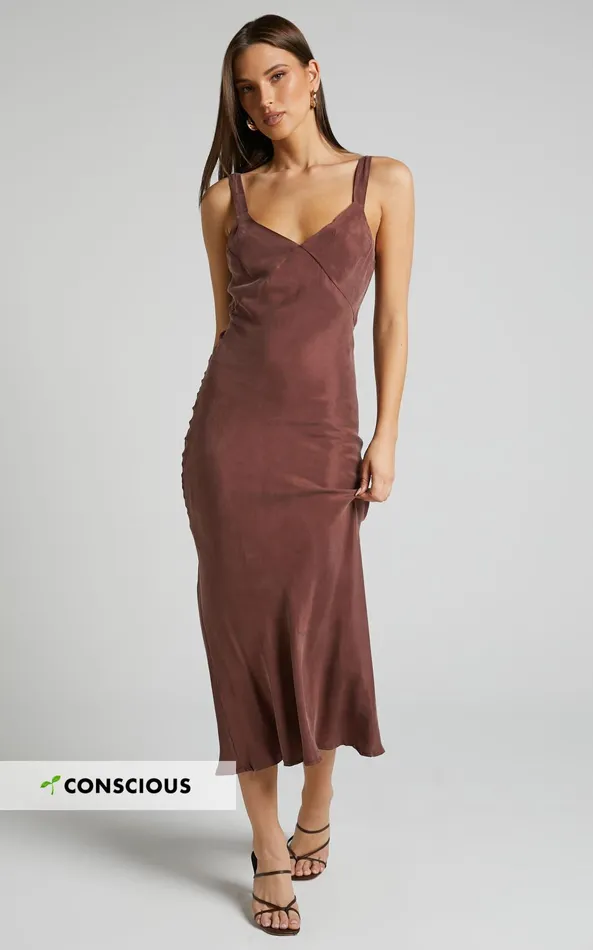 Showpo Kaya Midi Dress 8211 Cupro Slip Dress In Chocolate Women Dresses