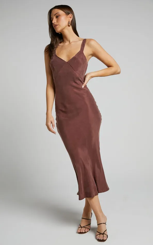 Showpo Kaya Midi Dress 8211 Cupro Slip Dress In Chocolate Women Dresses