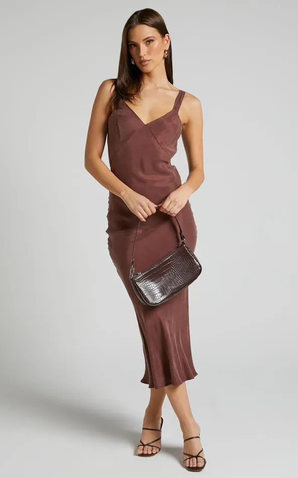 Showpo Kaya Midi Dress 8211 Cupro Slip Dress In Chocolate Women Dresses