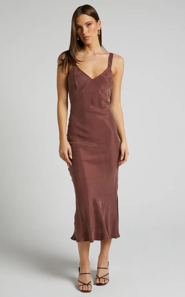 Showpo Kaya Midi Dress 8211 Cupro Slip Dress In Chocolate Women Dresses