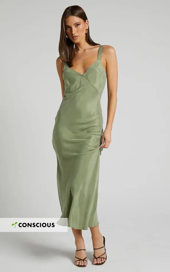 Showpo Kaya Midi Dress 8211 Cupro Slip Dress In Moss Women Dresses