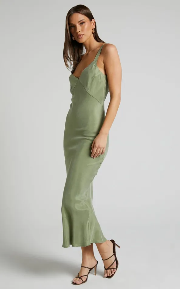 Showpo Kaya Midi Dress 8211 Cupro Slip Dress In Moss Women Dresses