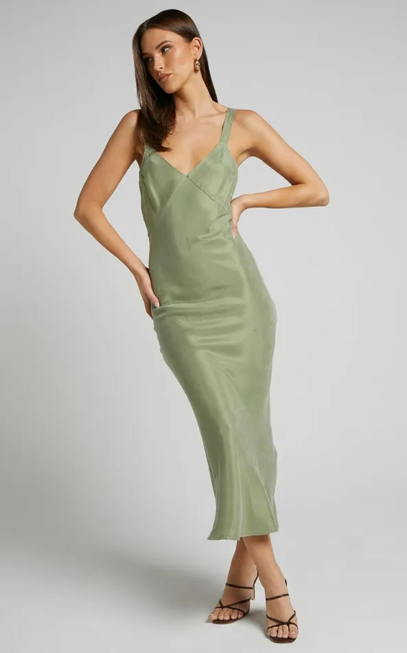 Showpo Kaya Midi Dress 8211 Cupro Slip Dress In Moss Women Dresses
