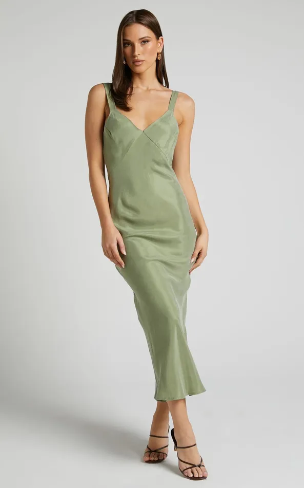 Showpo Kaya Midi Dress 8211 Cupro Slip Dress In Moss Women Dresses