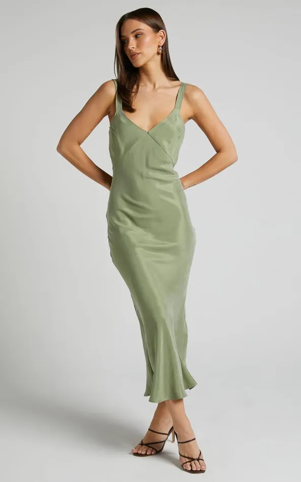 Showpo Kaya Midi Dress 8211 Cupro Slip Dress In Moss Women Dresses