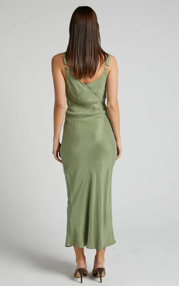 Showpo Kaya Midi Dress 8211 Cupro Slip Dress In Moss Women Dresses