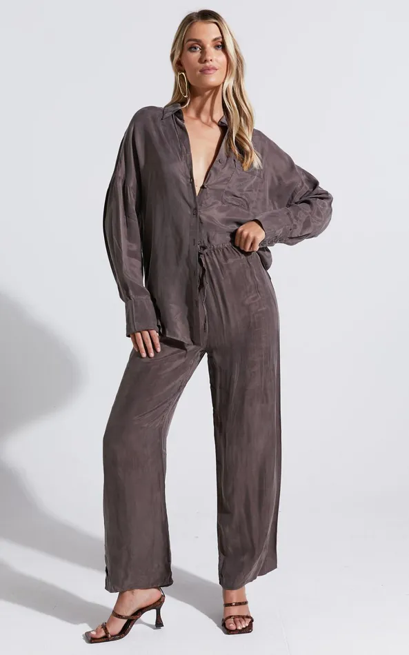 Showpo Kaya Pants 8211 Cupro Drawstring Relaxed Pants In Warm Grey Women Pants