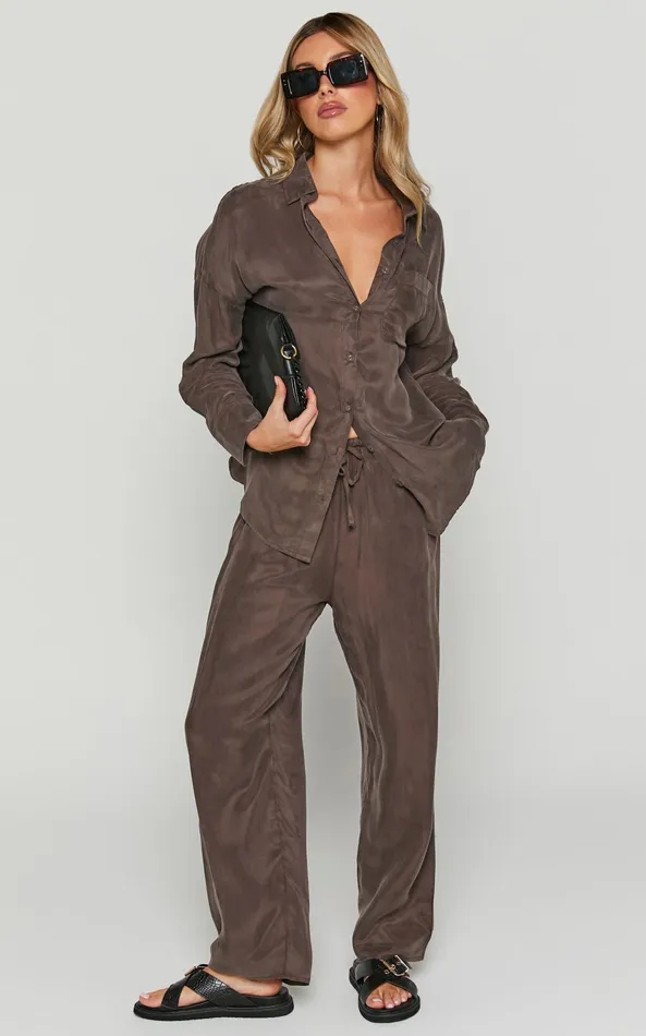 Showpo Kaya Pants 8211 Cupro Drawstring Relaxed Pants In Warm Grey Women Pants