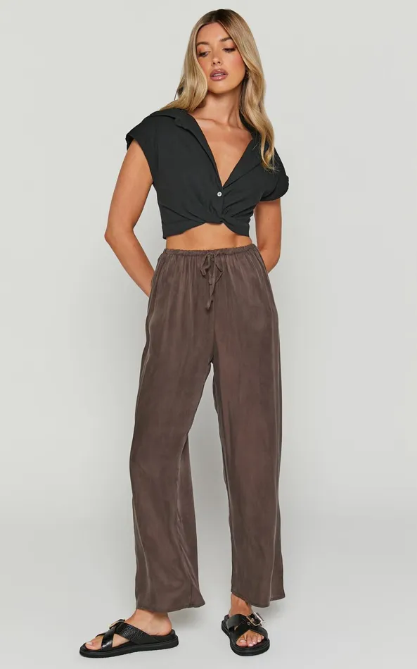 Showpo Kaya Pants 8211 Cupro Drawstring Relaxed Pants In Warm Grey Women Pants