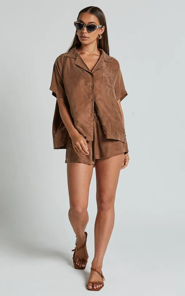 Showpo Kaya Shirt 8211 Cupro Button Up Short Sleeve Shirt In Mocha Women Tops