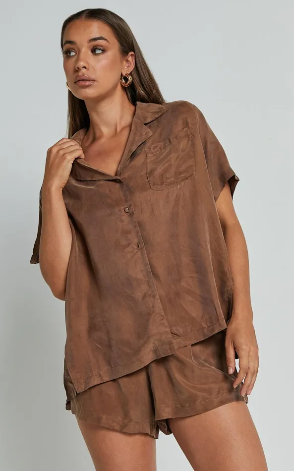 Showpo Kaya Shirt 8211 Cupro Button Up Short Sleeve Shirt In Mocha Women Tops