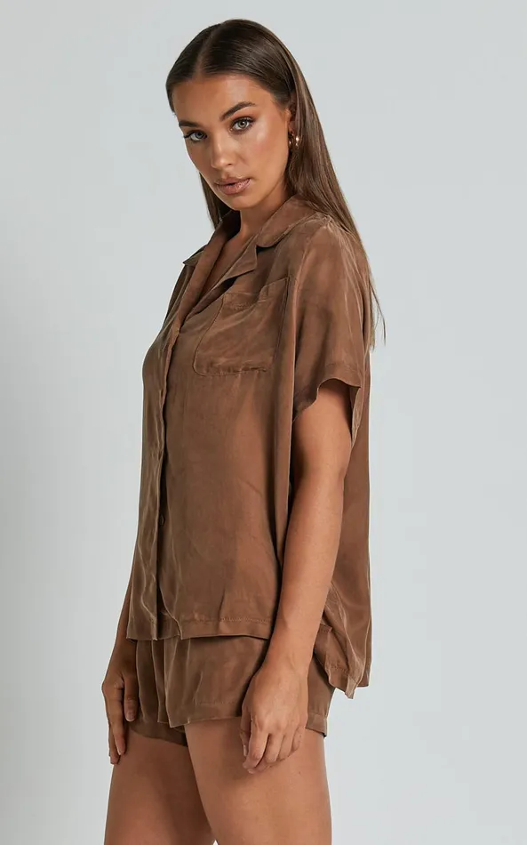 Showpo Kaya Shirt 8211 Cupro Button Up Short Sleeve Shirt In Mocha Women Tops