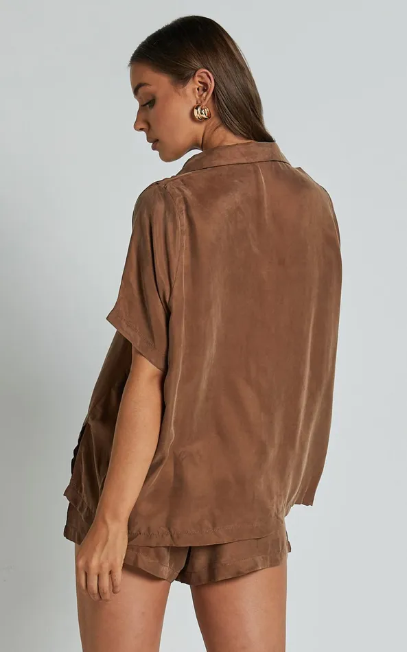 Showpo Kaya Shirt 8211 Cupro Button Up Short Sleeve Shirt In Mocha Women Tops