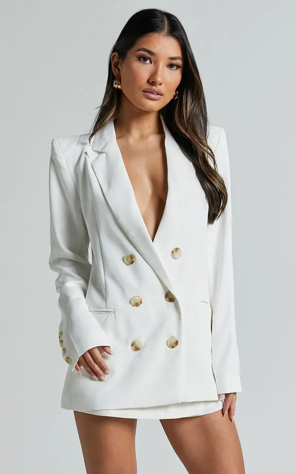 Showpo Kaye Blazer 8211 Double Breasted Long Sleeve In White Women Jackets and Coats