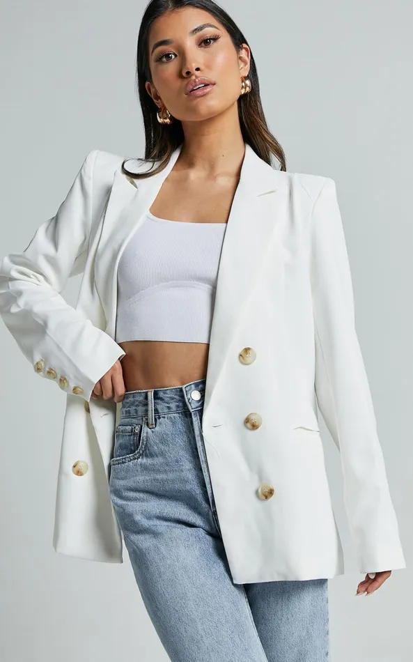 Showpo Kaye Blazer 8211 Double Breasted Long Sleeve In White Women Jackets and Coats