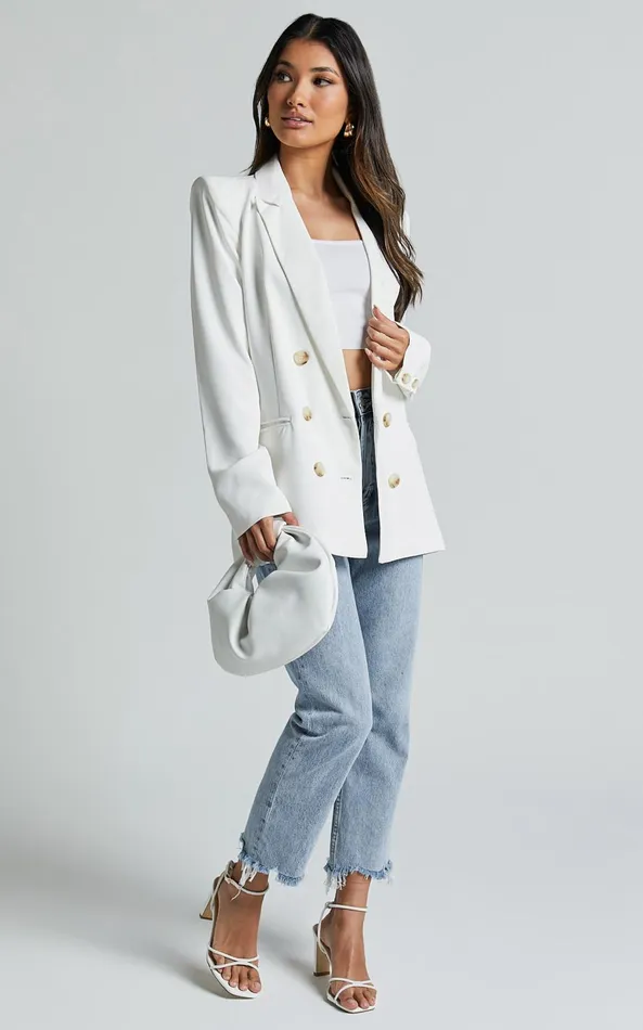 Showpo Kaye Blazer 8211 Double Breasted Long Sleeve In White Women Jackets and Coats