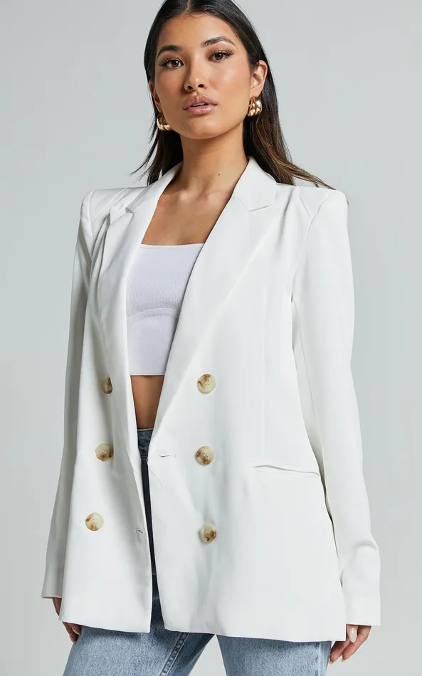 Showpo Kaye Blazer 8211 Double Breasted Long Sleeve In White Women Jackets and Coats