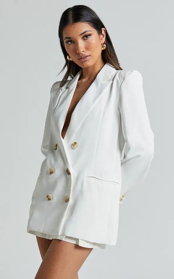 Showpo Kaye Blazer 8211 Double Breasted Long Sleeve In White Women Jackets and Coats