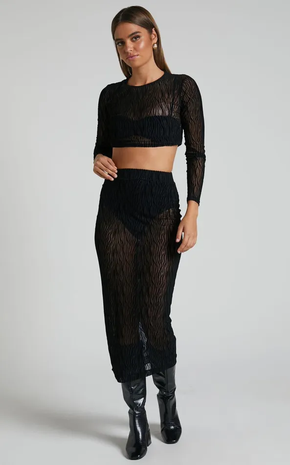Showpo Kayecee Two Piece Set 8211 Long Sleeve Crop Top And Midi Skirt Two Piece Set In Black Zebra Women Two Piece Sets and Coords Showpo Kayecee Two Piece Set 8211 Long Sleeve Crop Top And Midi Skirt Two Piece Set In Black Zebra Women Two Piece Sets and Coords