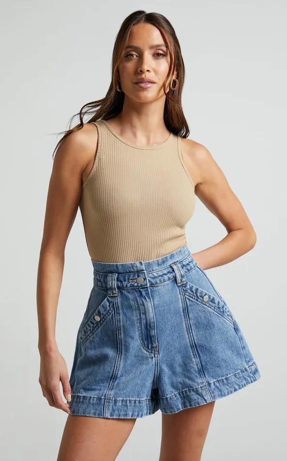 Showpo Kayla Denim Shorts 8211 High Waisted A Line Denim Shorts In Mid Blue Wash Women Denim Showpo Kayla Denim Shorts 8211 High Waisted A Line Denim Shorts In Mid Blue Wash Women Denim